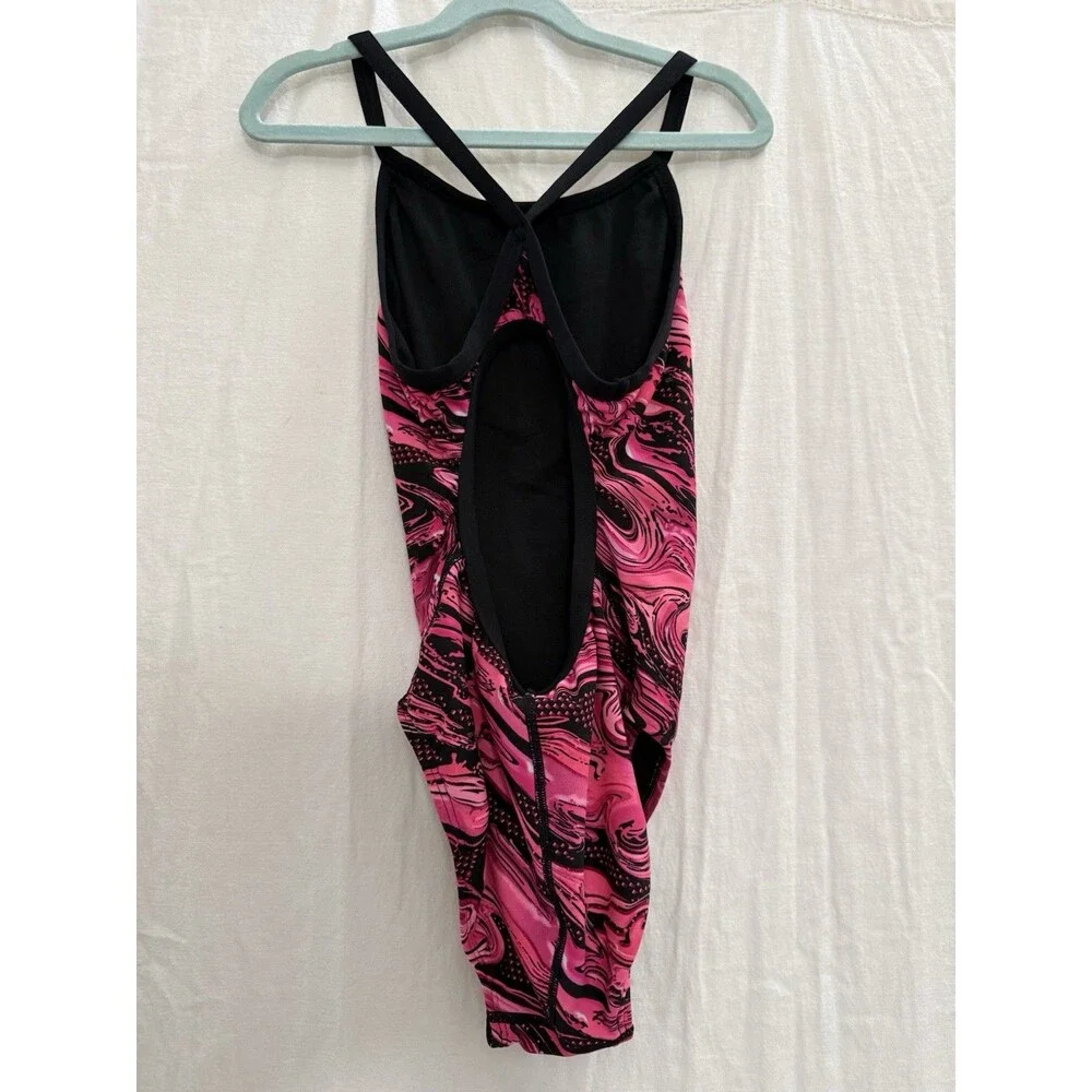 TYR Size 34 Pink Black Marble Open Back One Piece Swimsuit Training Competition
